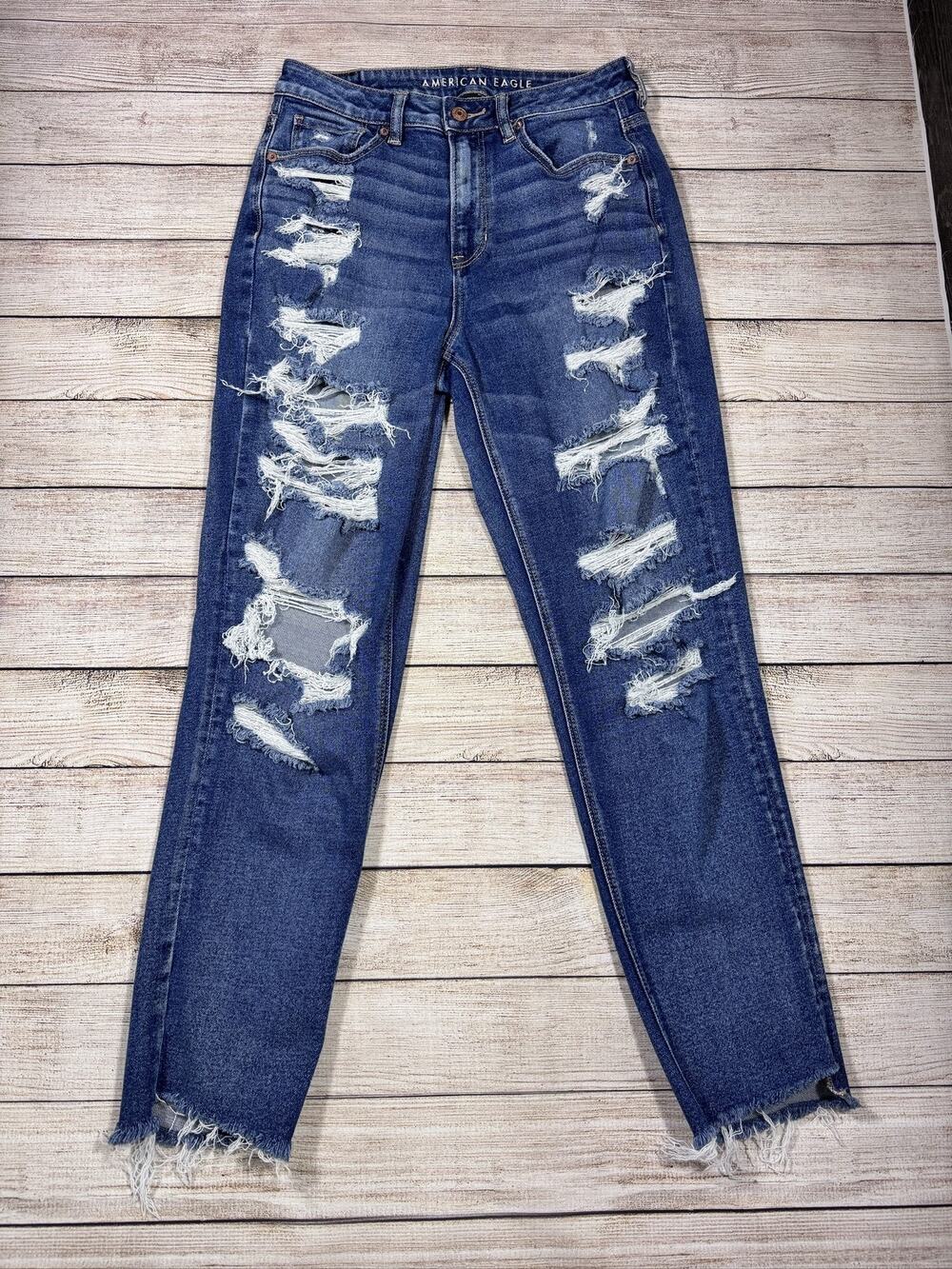 American Eagle Mom Jean Women's Blue High Rise Distressed Raw Hem Size 10